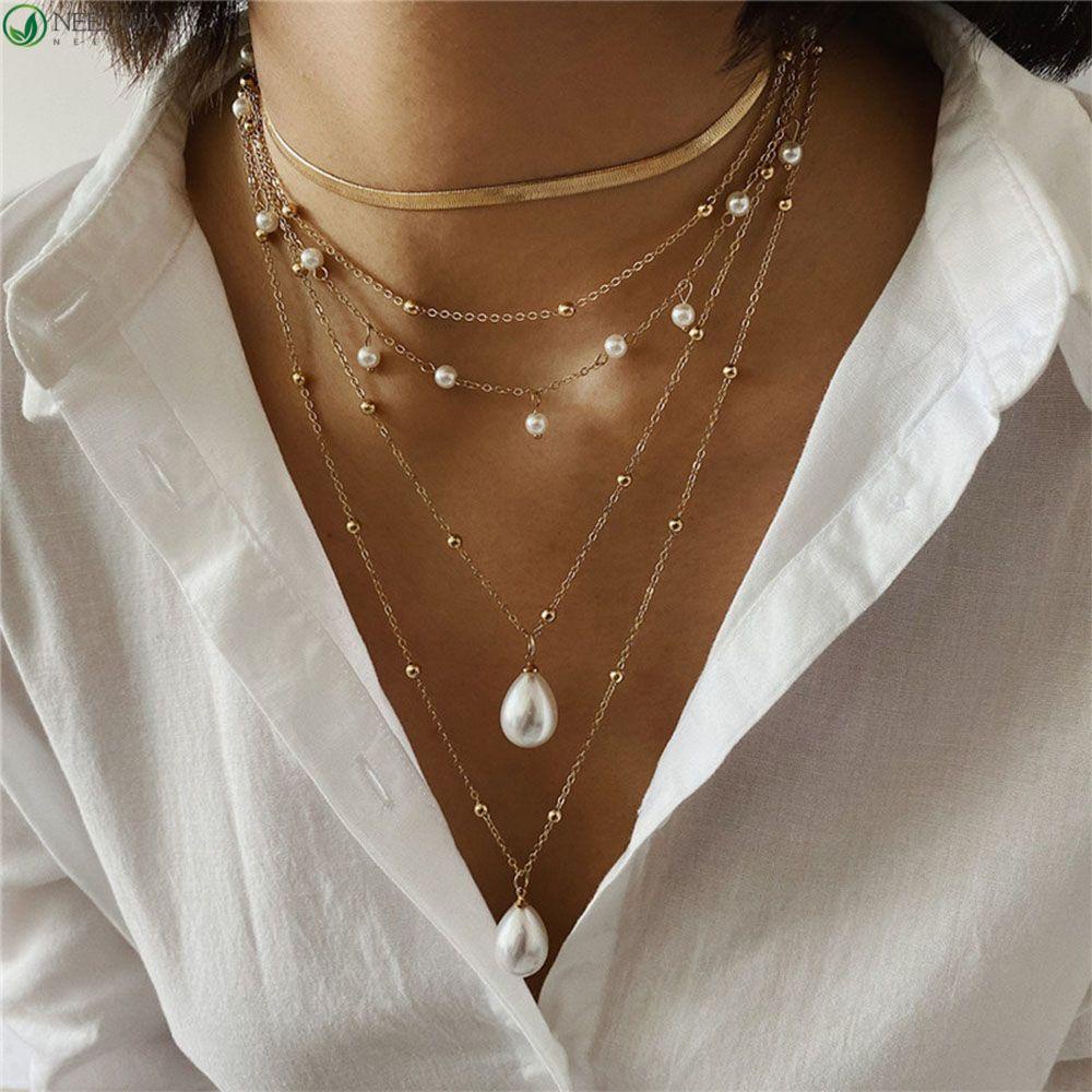 NEEDWAY Kalung Panjang Pernyataan Indah Mutiara Imitasi Warna Emas Perhiasan Fashion Bohemian Musim Panas Perhiasan