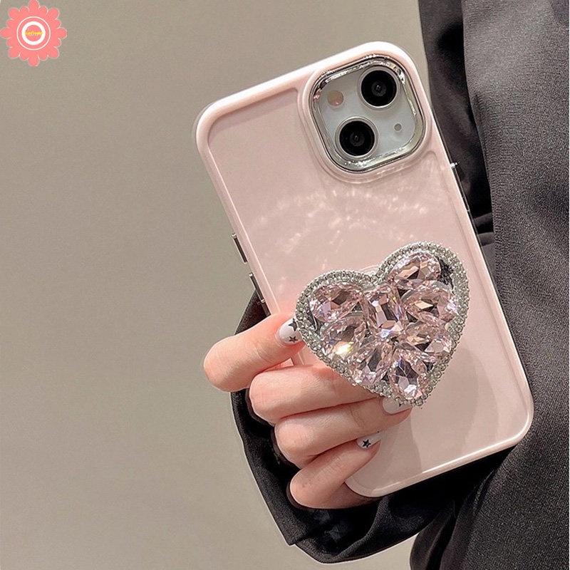 3d Berlian Cinta Hati Bracket Soft Phone Case Kompatibel Untuk IPhone 7plus 11 13 14 12 Pro MAX X XR 7 8 Plus XS MAX Sederhana Warna Macaron Soft Holder Cover Pelindung