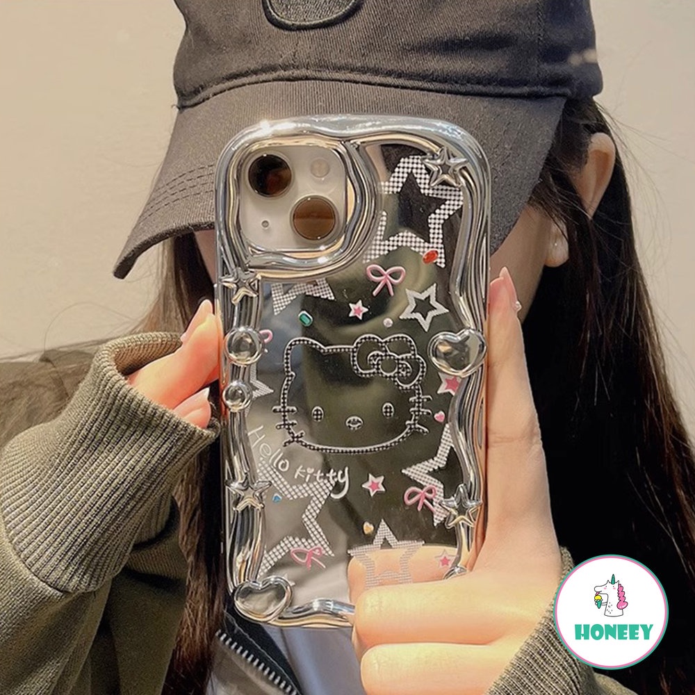 Fashion Kartun Kitty Berlapis Perak Cermin Ponsel Case Kompatibel Untuk iPhone 14 Pro 12 13 11 Pro Max XR XS Bintang Graffiti Anti-Shock Ponsel Cover