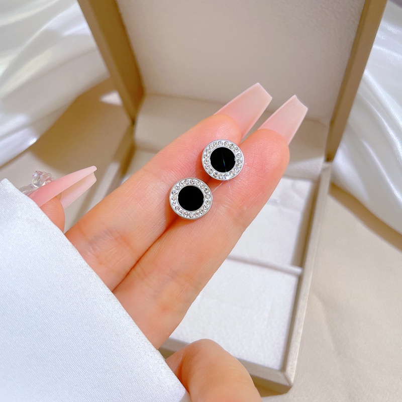 Anting stud bulat zircon hitam titanium stainless steel 316L import harga grosir bisa cod