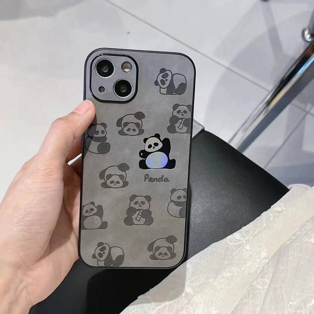 【Gradient Laser】So Cute China Panda Soft Bumper Hard Case IPhone 11 12 13 14 Pro Max Camera Protect for Girl Women Man Men's Fashion Gift Black Gray Cartoon Phone Case