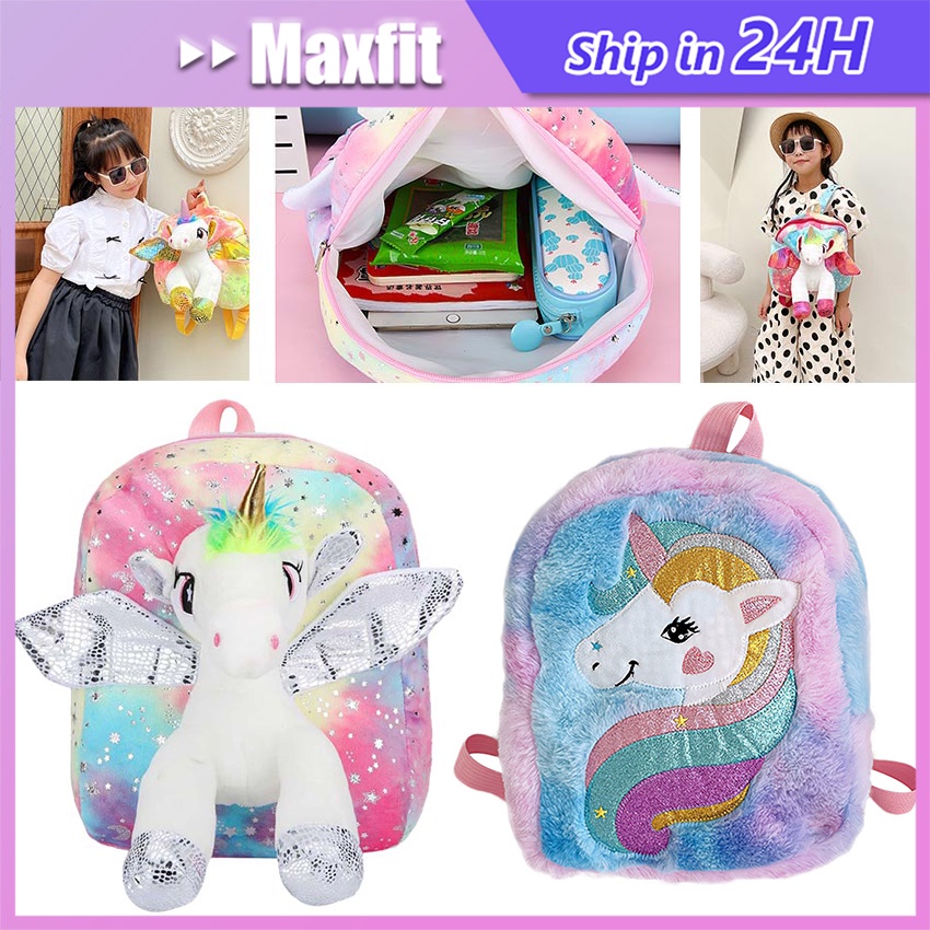 Tas Ransel Unicorn Bulu Ungu Gliter Tas Unicorn Anak Perempuan