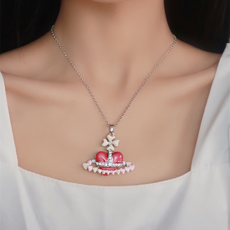 Empress Dowager West Gaya Yang Sama Merah Muda Multi-Hati Kalung Saturnus Track Desain Rantai Klavikula Unik Hadiah Gadis