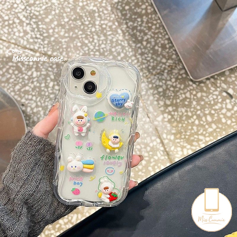 Case Boneka Beruang Kelinci Kartun 3D Lucu Kompatibel Untuk IPhone XR 7Plus 14 11 12 13 Pro Max 6 7 6s 8 Plus X XS Max Se2020 8Plus DIY Love Heart 3D Bergelombang Melengkung Penutup Tepi