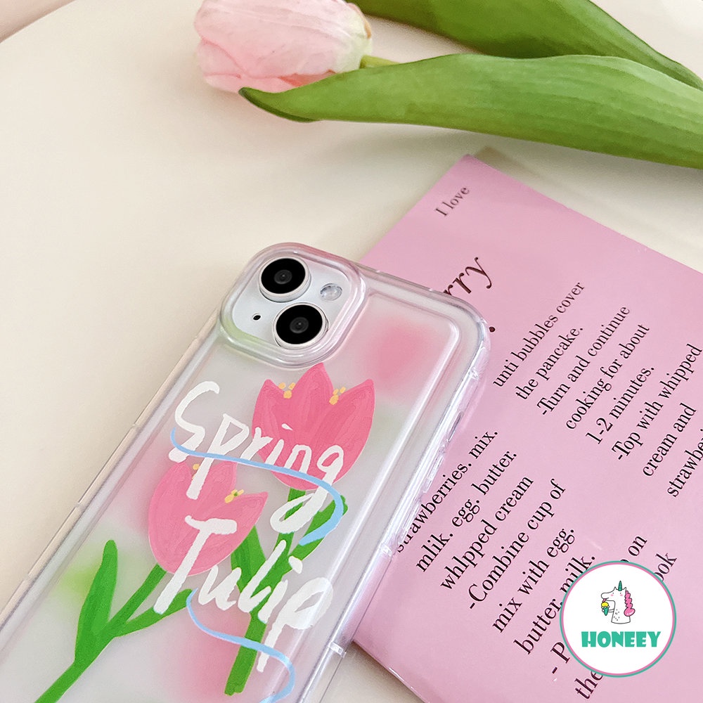 Spring Pink Tulip Phone Case Kompatibel Untuk iPhone 14 Pro 13 12 11 Pro Max XR XS 7 8plus Transparan Anti-Drop Airbag Cover