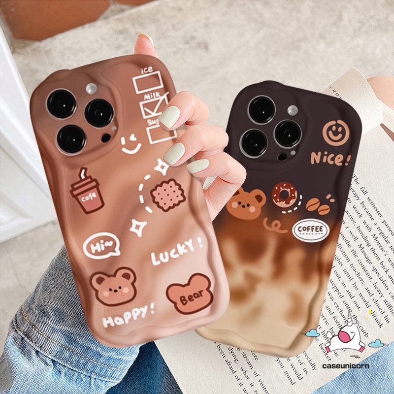 Case Kopi Gradiasi Beruang Kecil Yang Lucu Untuk Infinix Hot12 10 8 30 11 20 9 Play Hot 10Lite 30i 9 8 Smart 6Plus 7 6 5 Note 12 4G 12 G96 Soft 3D Wavy Curved Edge Smiley Biscuit Cover