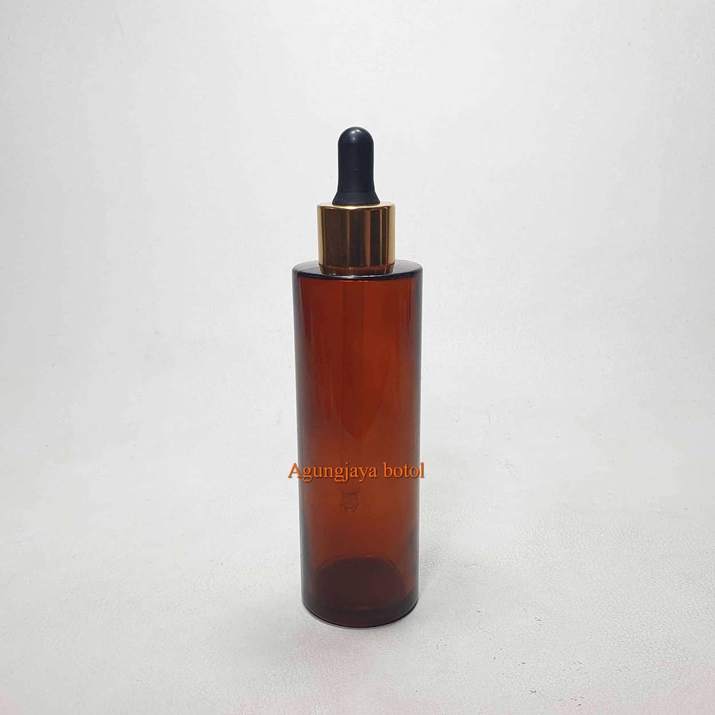 Botol Pipet 100 ml Cilinder Amber Ori Tutup Pipet Alumunium  / Botol Kaca Kosmetik / Botol Kaca Seru