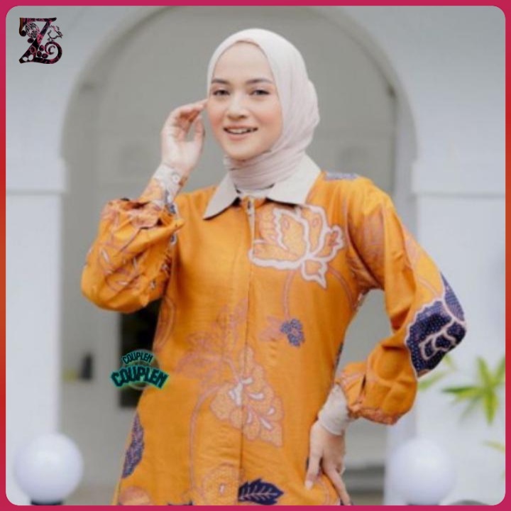 ZulvaCollections - Baju Kerja Batik Tunik Wanita Dewasa Warna Kuning Motif Bunga