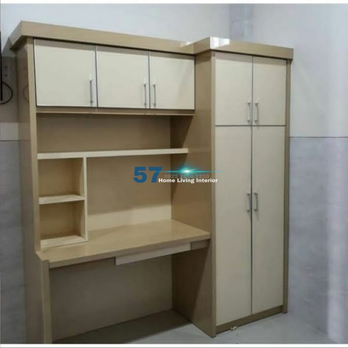 Lemari Pakaian Dan Meja Kerja Minimalis Bahan Plywood HPL Free Desain