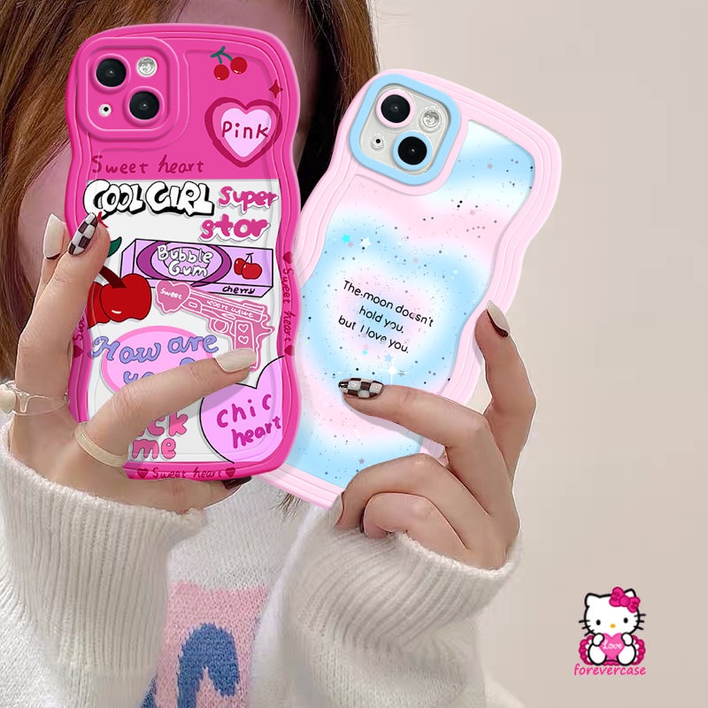 IPHONE Casing Love Heart Gradasi Pink Cherry Manis Kompatibel Untuk Iphone7 6s 6 8 Plus 13 11 14 12 Pro Max XS X XR Max14 Plus SE 2020 Fashion Lembut Tpu Penutup Tepi Bergelombang