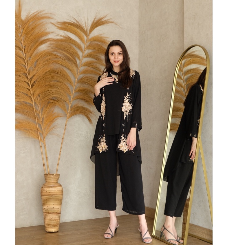 Setelan Baju Lebaran Wanita Atasan Set Celana Kulot Silk Jumbo Premium Busana Muslim Hijab Syari Mod