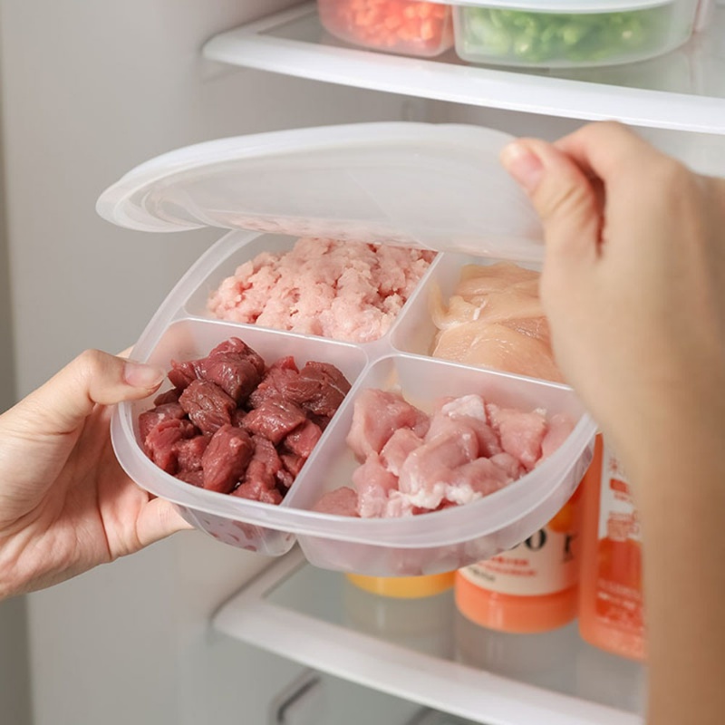 4kisi Kotak Penyimpanan Kulkas Buah Makanan Dengan Tutup Portable Kompartemen Kulkas Freezer Divided Box Food Grade Plastik Bening Daging Bawang Jahe Fresh Box Organizer Dapur