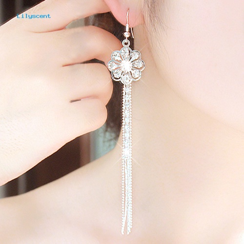 Lilyscent Wanita Pernikahan Linear Anting Bunga Mempesona Berlian Imitasi Rumbai Menjuntai Ear Hook