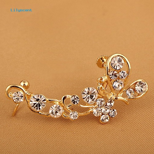 Lilyscent Retro Kristal Imitasi Kupu-Kupu Bunga Telinga Cuff Stud Earring Clip on Untuk Telinga Kanan