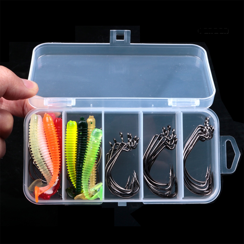 Cnn-60pcs Umpan Cacing Buatan T-Tail Soft Lure+Kait Ikan Fishing Tackle Dengan Box