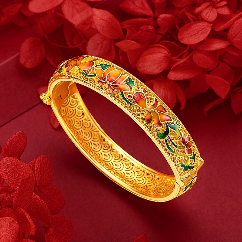 Goldkingdom Perhiasan Fashion 24K Bangkok Aksesoris Ready Stock Istana Gesper Lotus Besar Gelang Wanita Gosong Enamel Biru Retro Berlapis Emas Gaya Etnik Gelang