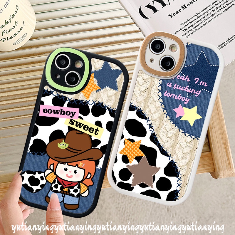 IPHONE Kartun Lucu Koboi Bintang Denim Ponsel Case Kompatibel Untuk Iphone6 8 7 6s Plus XS XR X Max11 12 14 13 Pro Max SE 2020 Patch Motif Leopard Lembut Tpu Pasangan Penutup Belakang