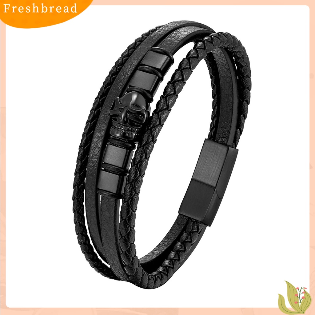 &lt; Freshbread &gt; Pria Gelang Handmade Anyaman Desain Tengkorak ic Gesper Geometris Dekoratif Hadiah Multilayer Bungkus Laki-Laki Kulit Imitasi Bangle Fashion Perhiasan Untuk Pakaian Sehari-Hari