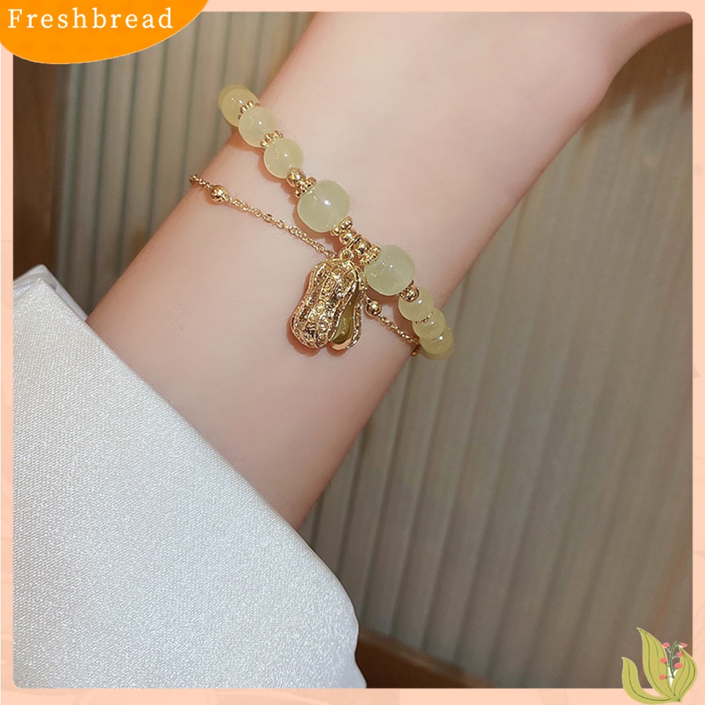 &lt; Freshbread &gt; Wanita Gelang Double-layers Beaded Faux Crystal Golden Link Rantai Adjustable Peanut Pendant Ladies Bangle Perhiasan Fashion