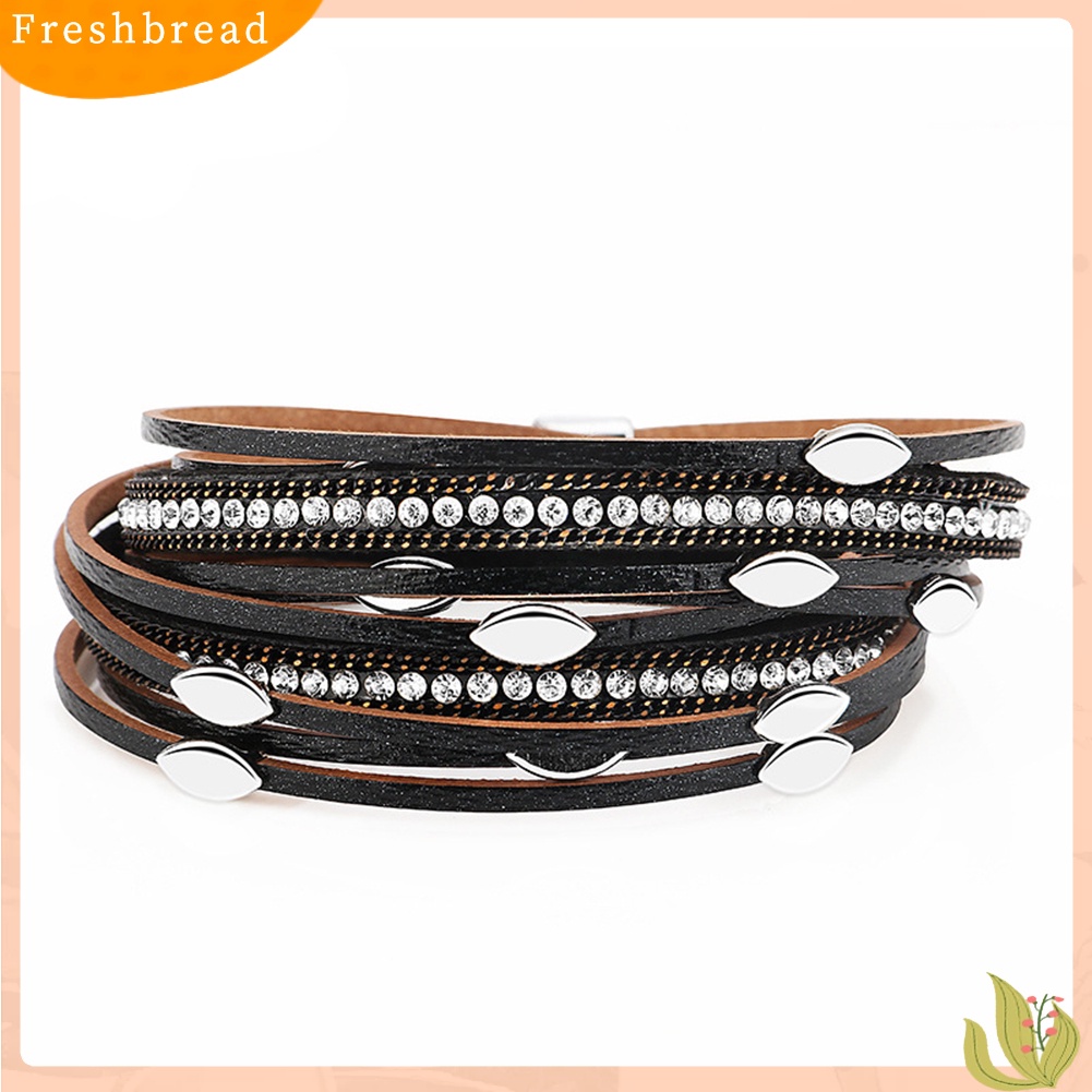 &lt; Freshbread &gt; Fashion Wanita Daun Pesona Berlian Imitasi Multi Layer Gelang Bangle Perhiasan Hadiah