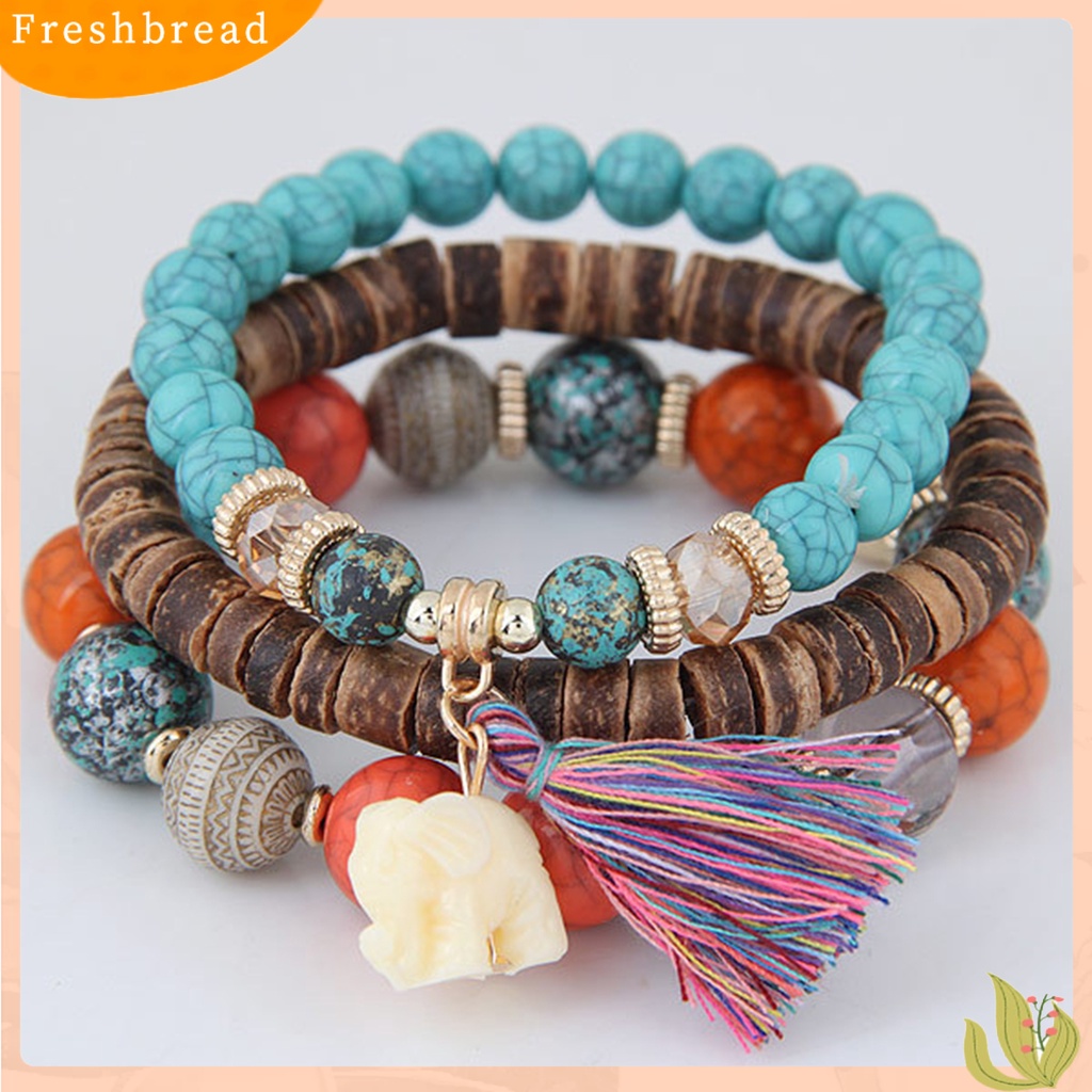 &lt; Freshbread &gt; 3Pcs/Set Tali Elastis Multilayer Resin Wanita Gelang Wanita Bohemia Gajah Rumbai Manik-Manik Gelang Perhiasan Aksesori