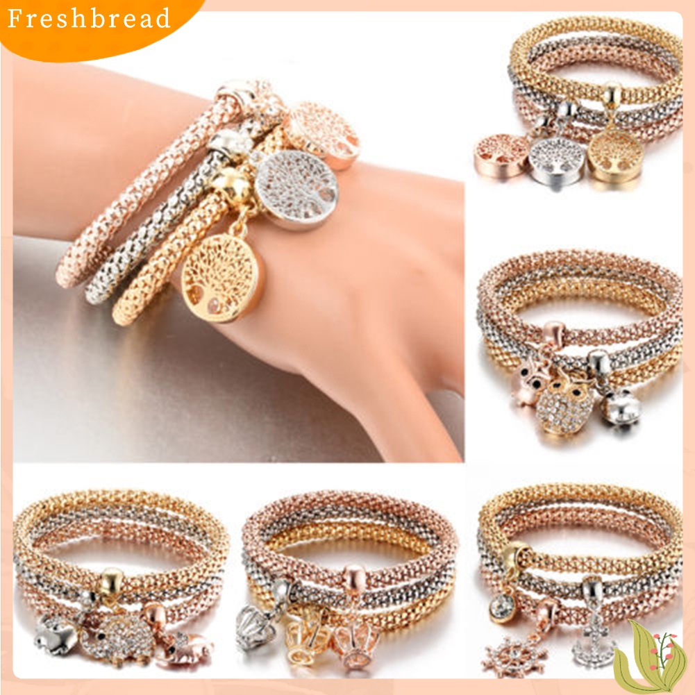 &lt; Freshbread &gt; 3Pcs/Set Wanita Fashion Burung Hantu Pohon Gelang Berlian Imitasi Liontin Bangle Perhiasan Hadiah