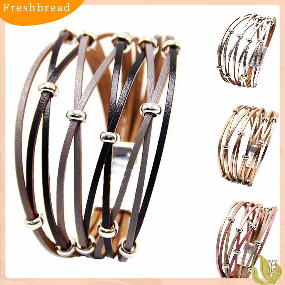 &lt; Freshbread &gt; Fashion Wanita Multi Layer Beaded Cross Gelang Kancing Kulit Asli