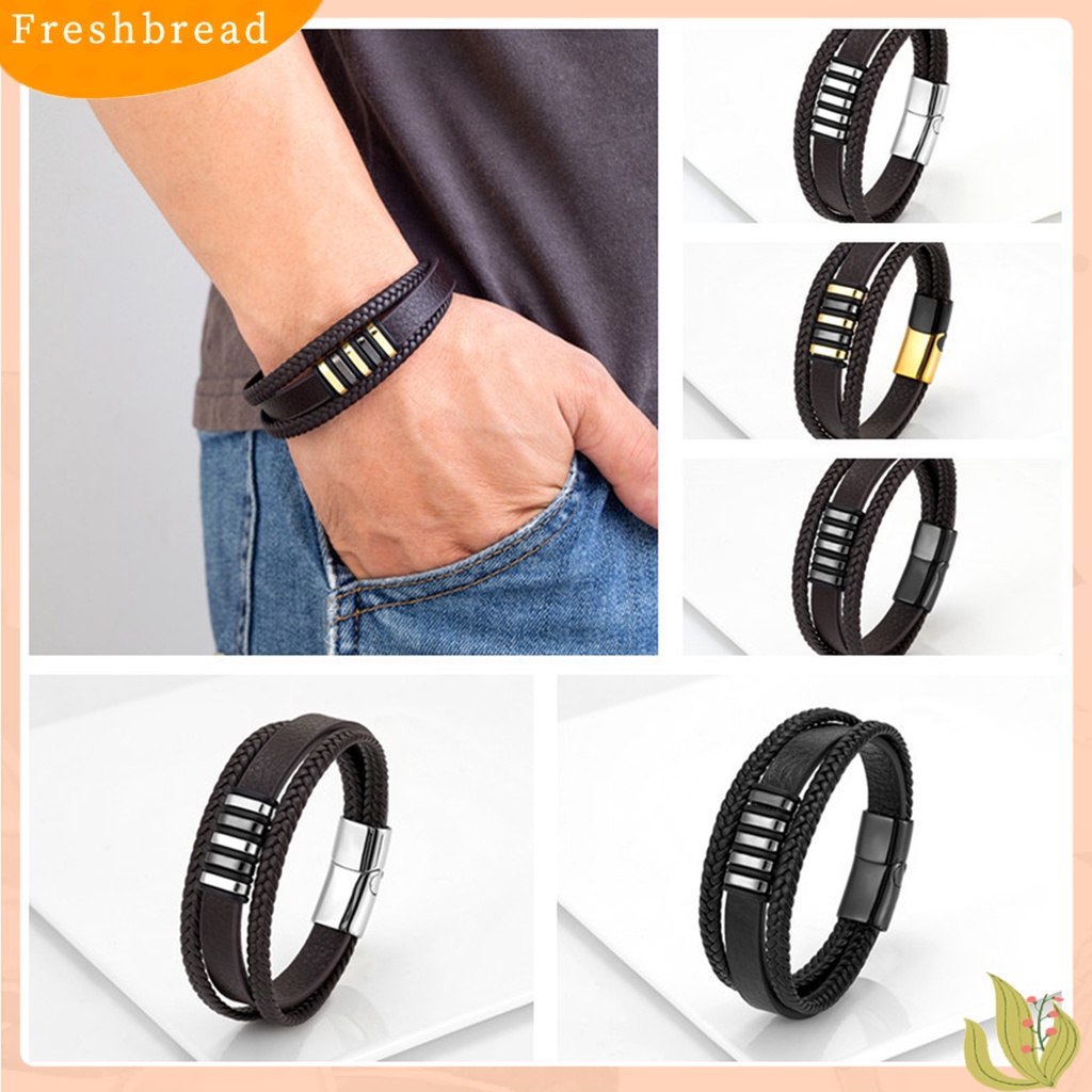 &lt; Freshbread &gt; Pria Gelang Tenun Tangan Multi Layer Tahan Aus Hias Gesper Menghias Pasangan 3lapis Gaya Punk Kulit Imitasi Gelang Pria Perhiasan