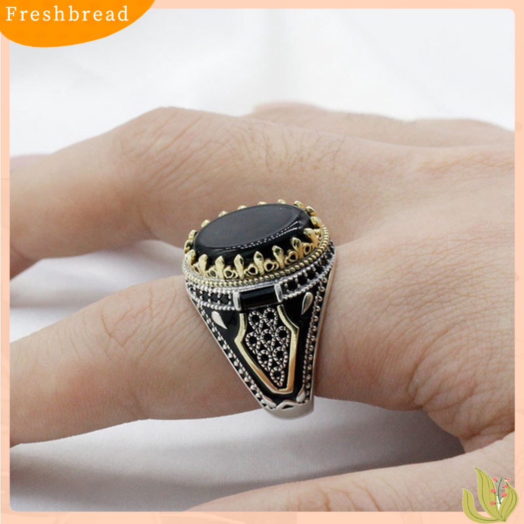 &lt; Freshbread &gt; Pria Cincin Vintage Punk Logam Ukiran Pola Kuno Two Tone Dekoratif Hadiah Batu Akik Imitasi Bertatahkan Laki-Laki Pesta Cincin Perhiasan Pernikahan