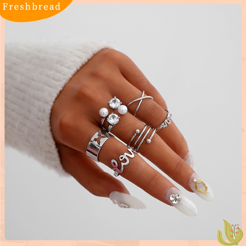 &lt; Freshbread &gt; 6Pcs Cincin Jari Huruf Kupu-Kupu Mutiara Imitasi Pria Wanita Bukaan Adjustable Ins Style Rings Fashion Jewelry