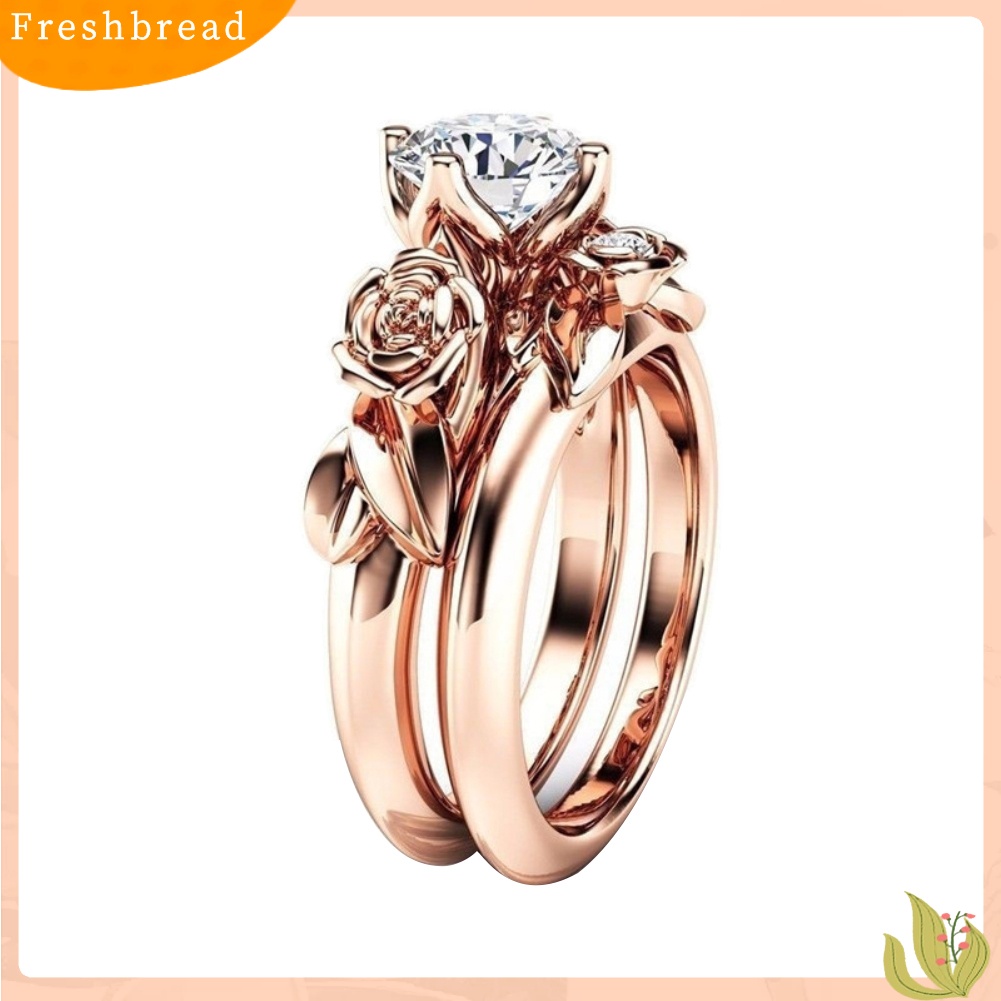 &lt; Freshbread &gt; 2Pcs Fashion Bunga Mawar Cincin Set Berlian Imitasi Wanita Pesta Pertunangan Perhiasan