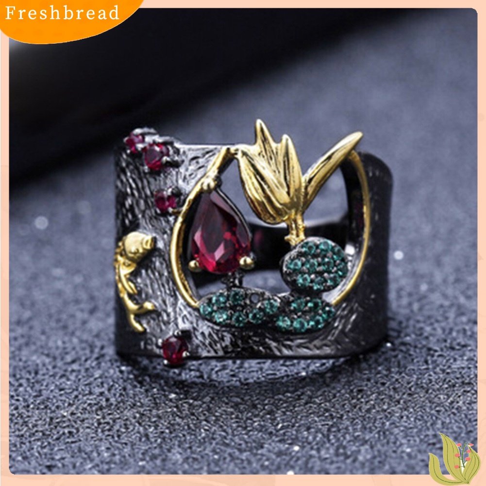 &lt; Freshbread &gt; Vintage Wanita Faux Ruby Bunga Berongga Jari Cincin Perhiasan Pernikahan Hadiah Xmas