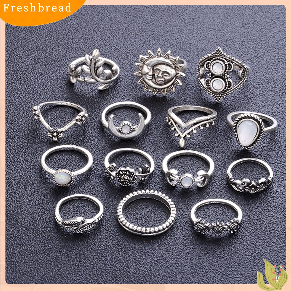 &lt; Freshbread &gt; 14Pcs Vintage Bunga Matahari Bulan Bentuk Wanita Knuckle Band Rings Set Jari Perhiasan