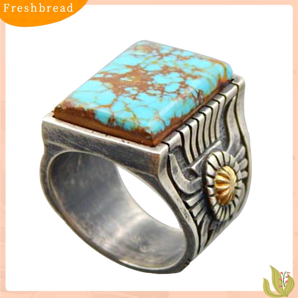 &lt; Freshbread &gt; Retro Ukiran Bunga Matahari Imitasi Pirus Bertatahkan Cincin Wanita Perjamuan Perhiasan Hadiah