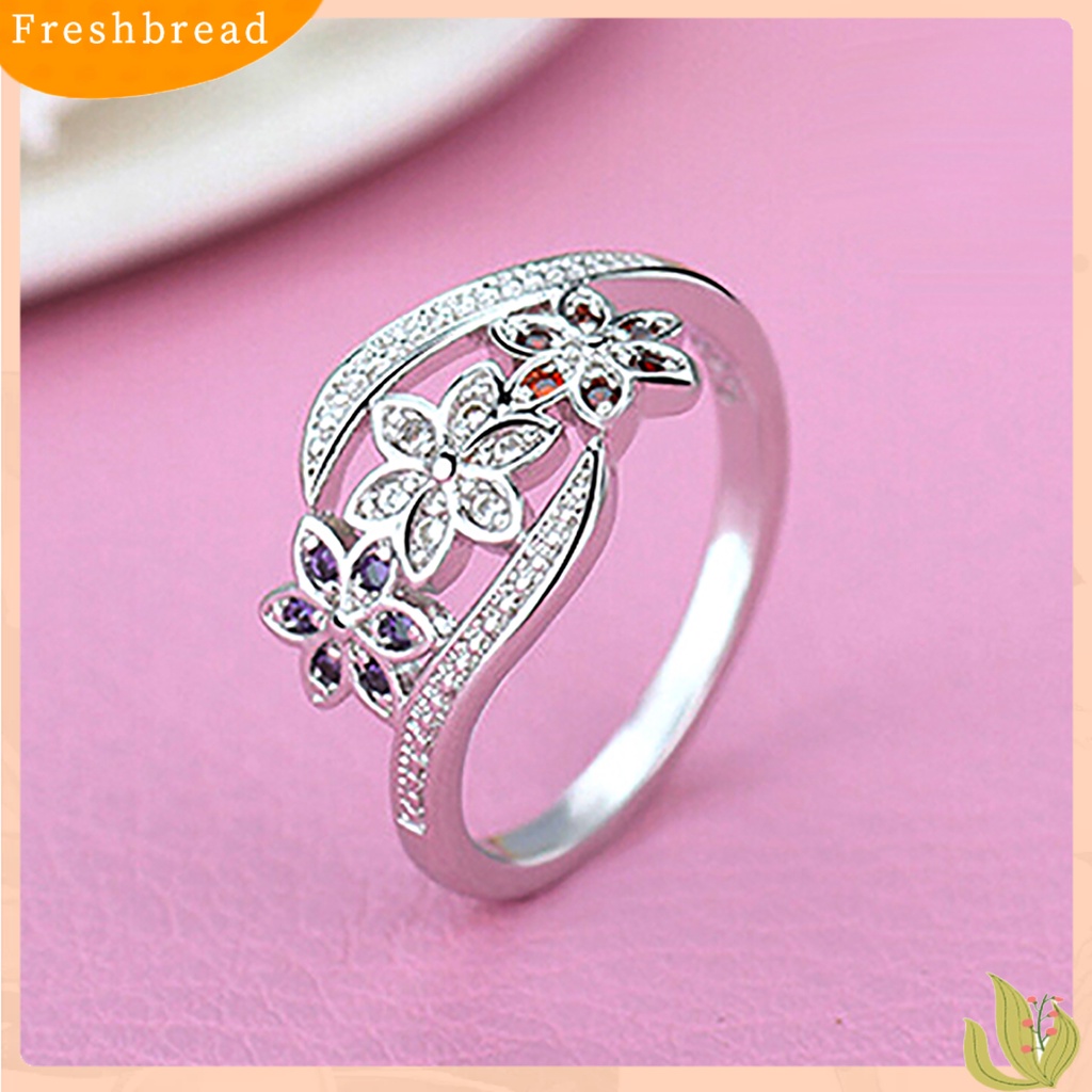 &lt; Freshbread &gt; Cincin Perak Berlapis Desain Bunga Cubic Zirconia Hias Shiny Fashion Women Ring Untuk Pernikahan