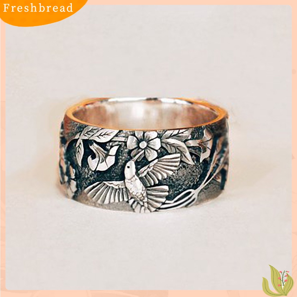 &lt; Freshbread &gt; Burung Pola Bunga Unisex Cincin Retro Warna Paduan Lebar Hip Hop Jari Cincin Aksesori Perhiasan