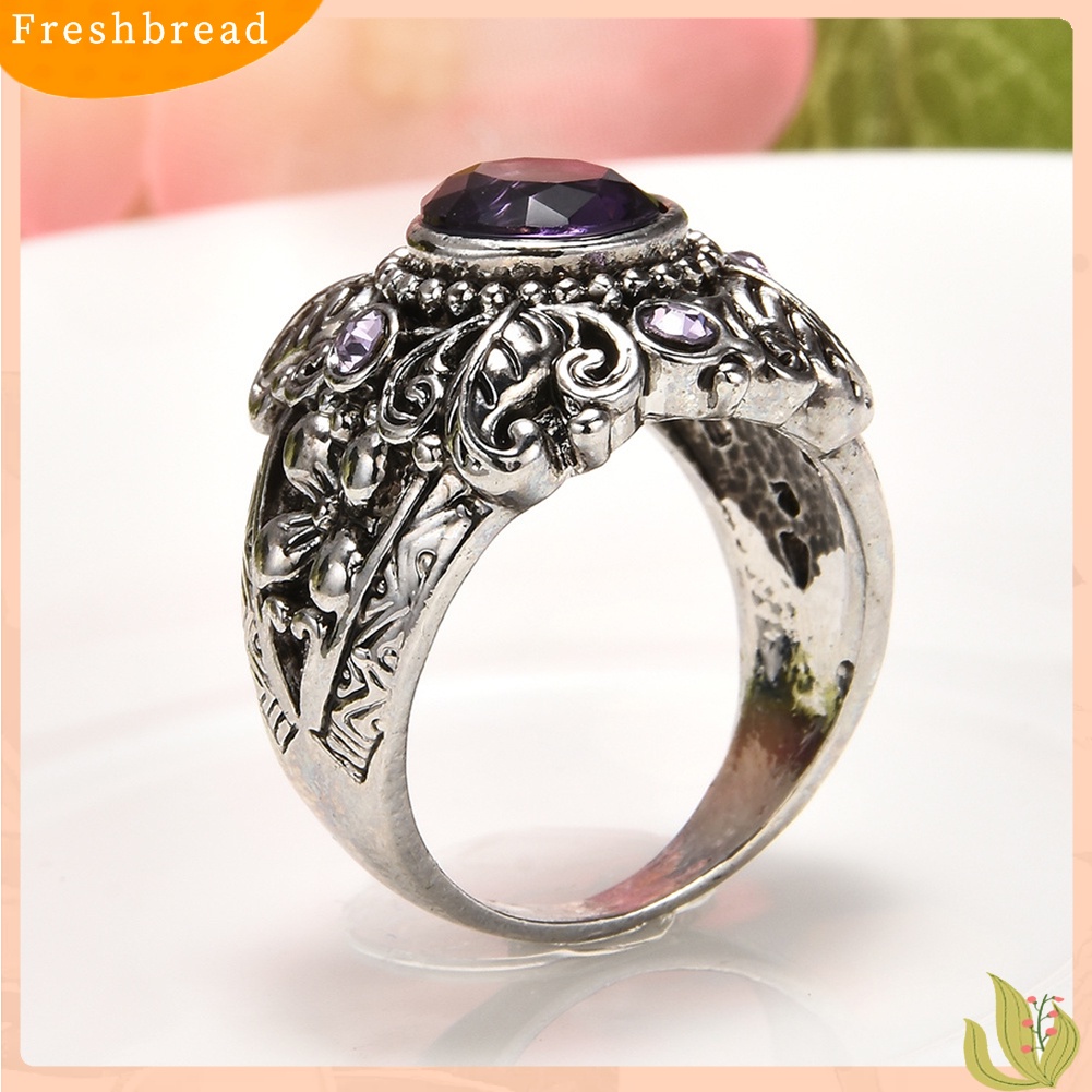 &lt; Freshbread &gt; Vintage Bulat Faux Amethyst Hias Ukir Bunga Wanita Jari Cincin Perhiasan Hadiah