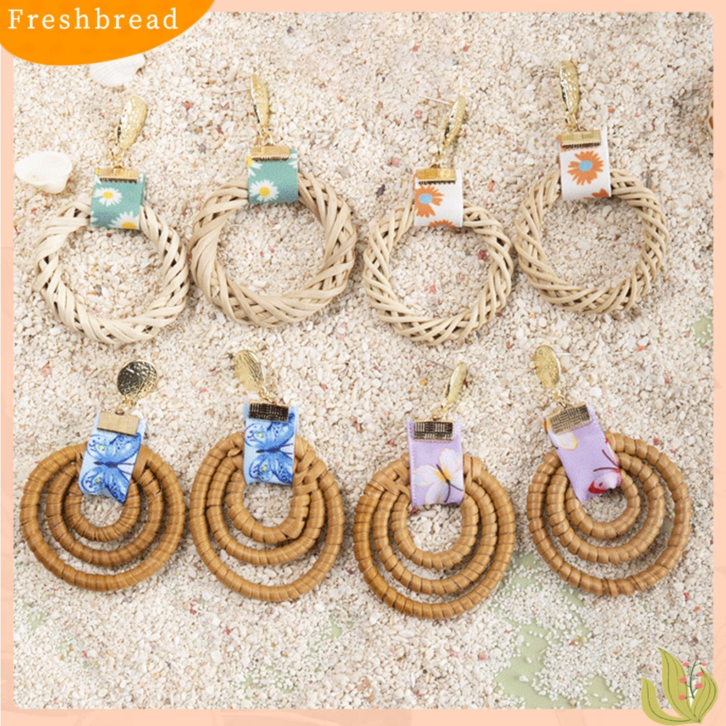 &lt; Freshbread &gt; 1pasang Anting Drop Bentuk Lingkaran Gaya Etnik Anting Tusuk Geometris Motif Rotan Untuk Liburan