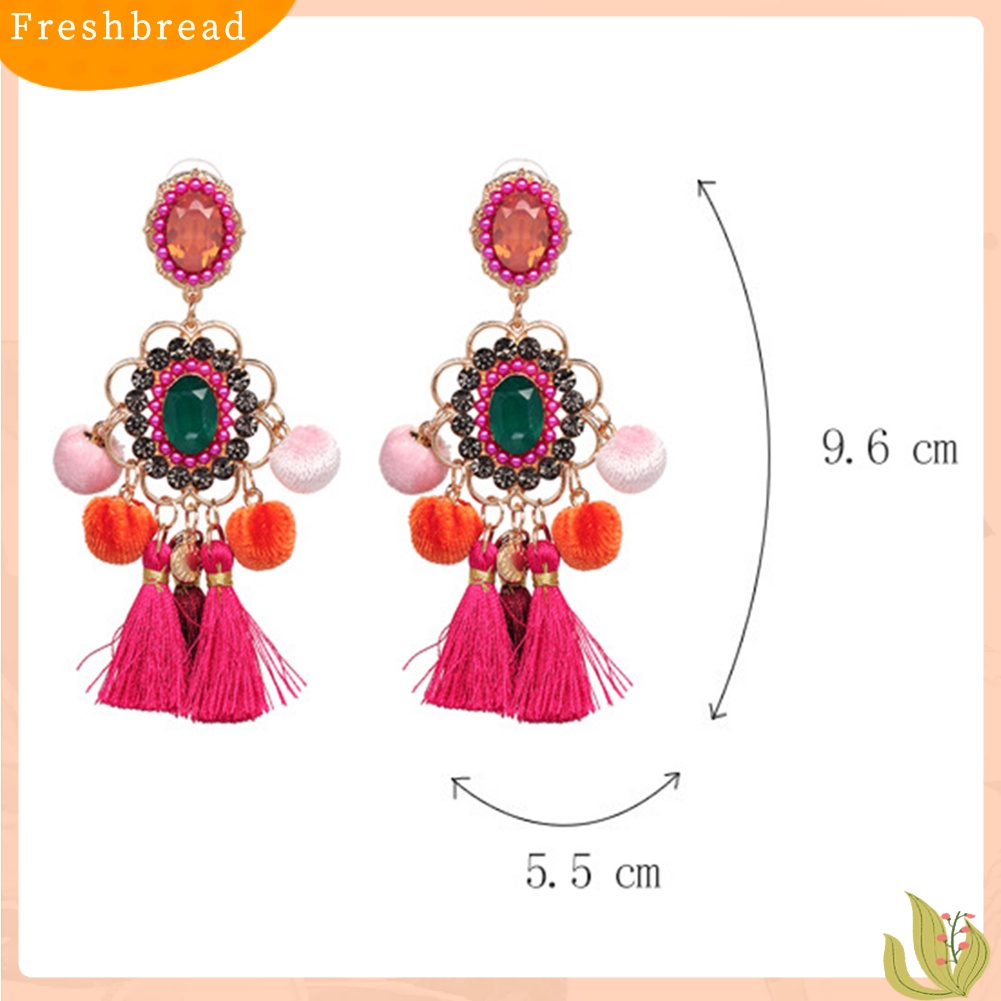 &lt; Freshbread &gt; Wanita Berlian Imitasi Bunga Pompom Rumbai Menjuntai Ear Stud Earrings Statement Jewelry