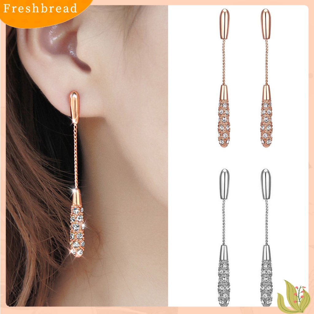 &lt; Freshbread &gt; 1pasang Anting Wanita Panjang Berlian Imitasi Mengkilap Hias Bentuk Kolom Rantai Drop Earrings Hadiah Ulang Tahun