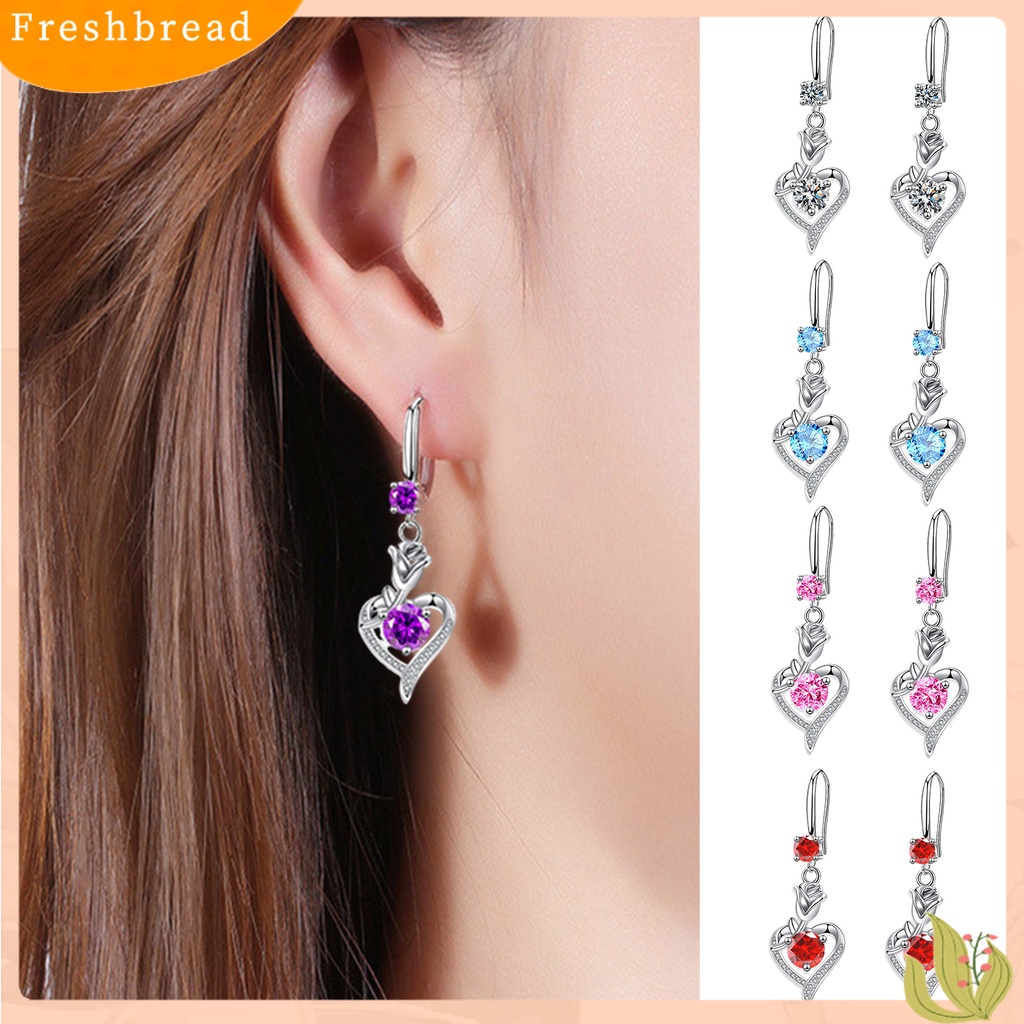&lt; Freshbread &gt; 1pasang Anting Hoop Bersinar Cubic Zirconia Geometris High-end Liontin Berdandan Hypoallergenic Bunga Mawar Hati Menjuntai Anting Perhiasan Fashion