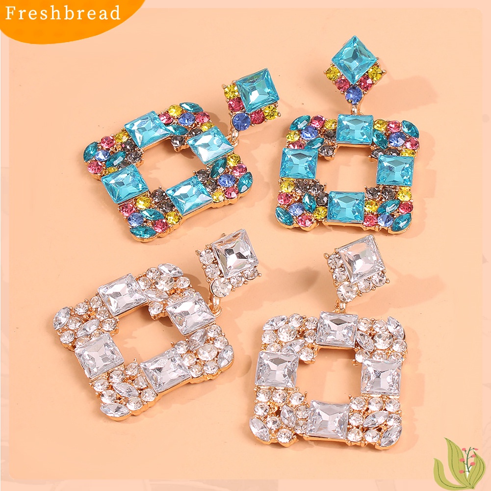 &lt; Freshbread &gt; Wanita Geometris Persegi Multicolor Berlian Imitasi Eardrop Statement Stud Earrings Hadiah