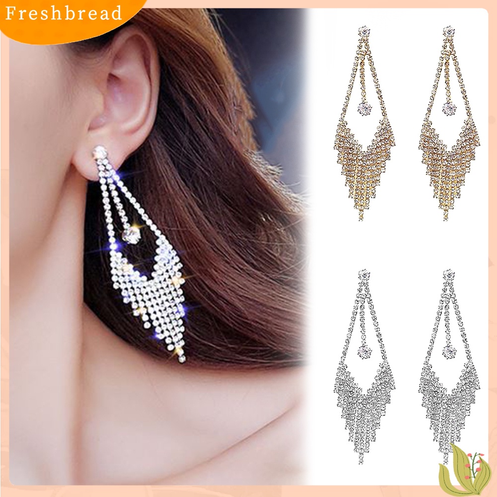 &lt; Freshbread &gt; Mewah Geometris Rumbai Berlian Imitasi Menjuntai Panjang Wanita Stud Earrings Perhiasan Hadiah