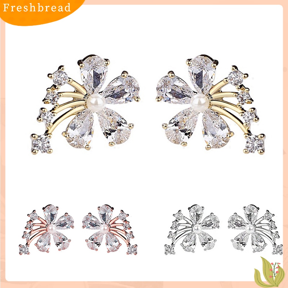 &lt; Freshbread &gt; Wanita Cubic Zirconia Mutiara Imitasi Hias Bunga Telinga Stud Anting Perhiasan Hadiah