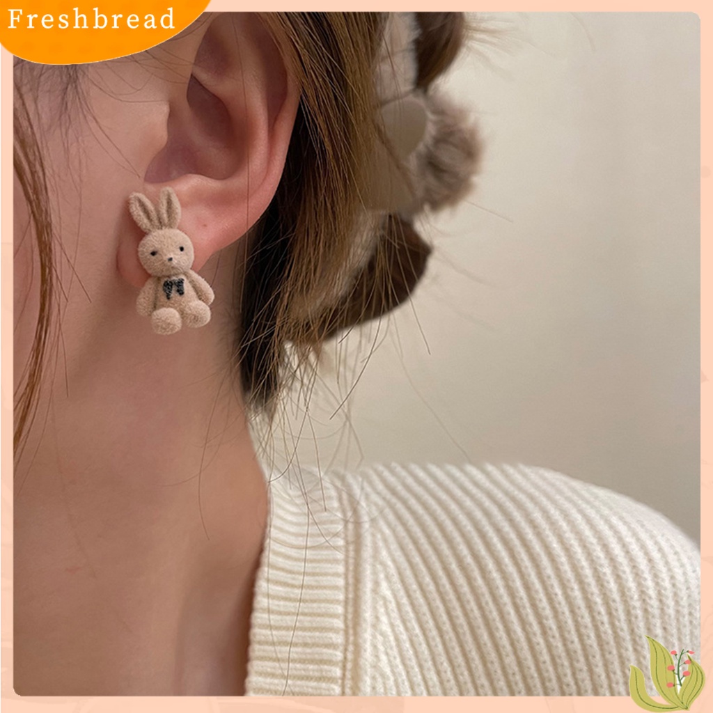 &lt; Freshbread &gt; 1pasang Ear Studs Elegant Silver plated Winter Hangat Flocking Velvet Rabbit Earrings Hadiah Hari Paskah