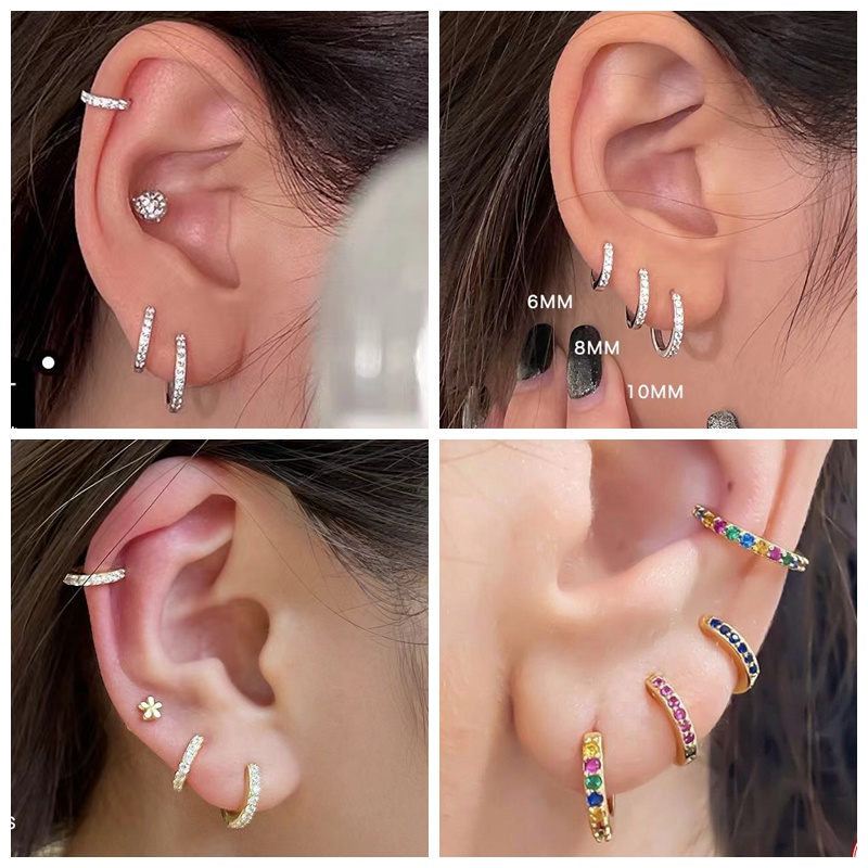 1-3pcs6 /8/10mm Kristal Mini Hoop Earrings Huggie Kecil Tipis Tulang Rawan Anting-Anting Tembaga Tragus Rook Lobe Auricle Helix Piercing