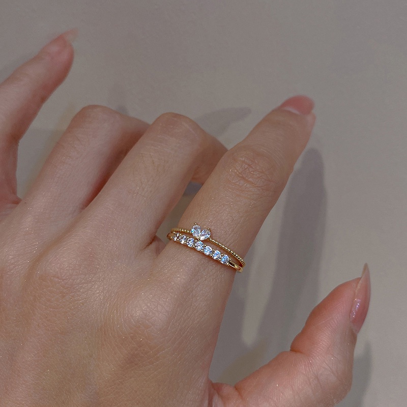 2pcs/set Zirkon Set Cincin Sederhana Untuk Wanita Hati Emas Rings Aksesoris Perhiasan