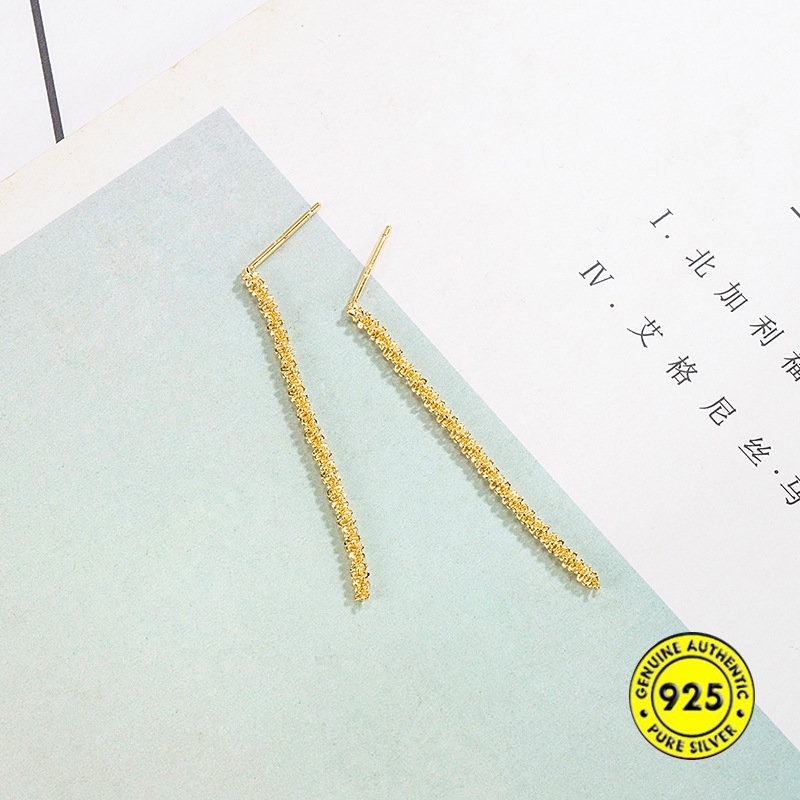 Starry S925 Silver Ear Studs Golden Sparkling Retro Berbentuk Garis Rumbai Anting Gantung U1201