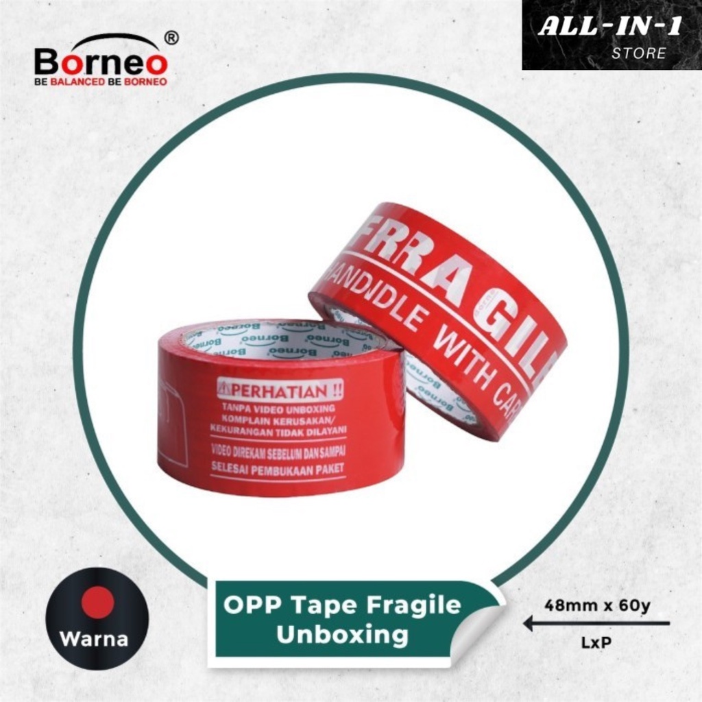 

Borneo Lakban OPP Fragile Unboxing Warna Merah Ukuran 48mm x 60 Yard, Solasi, Isolasi Kuat