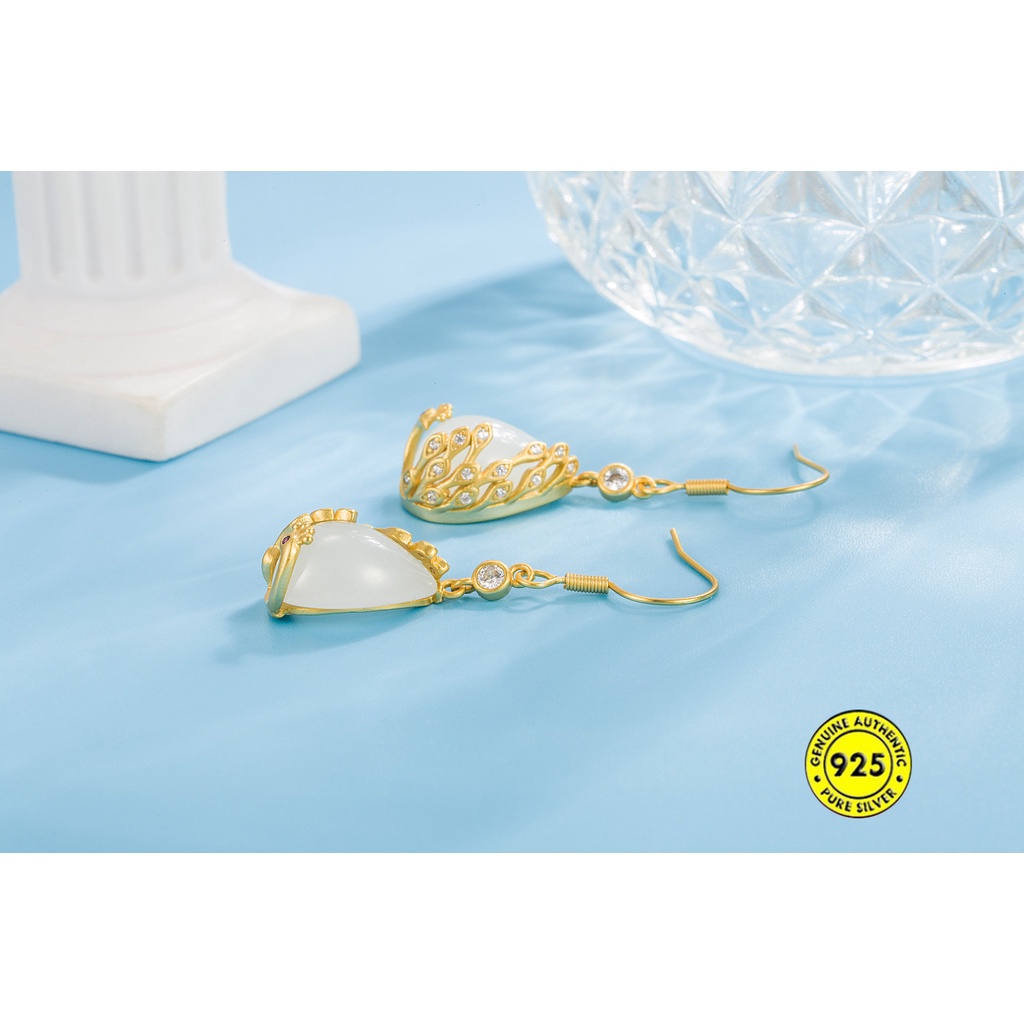 Anting Giok Hetian Merak Retro Pengadilan Gaya China Lama Tidak Luntur U1225